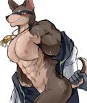  abs blush bodily_fluids butt canid canine canis chung0u0 clothing disembodied_hand dobermann domestic_dog eyewear hi_res male mammal muscular muscular_male nude pecs pinscher sunglasses sweat tail_grab tears tokyo_afterschool_summoners undressing video_games xolotl 