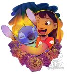  2020 alien black_hair blue_body blue_fur blue_nose child clothed clothing digital_drawing_(artwork) digital_media_(artwork) disney duo experiment_(lilo_and_stitch) eyes_closed flower fur hair head_tuft hi_res hug human lilo_and_stitch lilo_pelekai lirhya long_hair mammal muumuu notched_ear one_eye_closed open_mouth open_smile plant rose_(flower) smile stitch_(lilo_and_stitch) tuft watermark young 