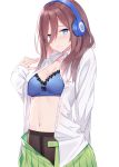  1girl bangs black_legwear blue_bra blue_eyes blush bra breasts brown_hair cleavage closed_mouth collarbone collared_shirt commentary_request crotch_seam dress_shirt go-toubun_no_hanayome green_skirt hair_between_eyes headphones highres kanikou large_breasts long_hair long_sleeves looking_at_viewer nakano_miku navel pantyhose pleated_skirt shirt simple_background skirt solo underwear white_background white_shirt 
