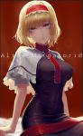  1girl alice_margatroid bangs black_dress blonde_hair blue_eyes breasts capelet character_name closed_mouth commentary covered_navel dress eit_(ikeuchi) frilled_capelet frilled_headband frills hair_intakes headband highres large_breasts looking_at_viewer red_background red_headband red_neckwear shiny shiny_hair short_hair short_sleeves simple_background solo touhou white_capelet 
