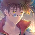  1boy blue-tinted_eyewear brown_hair closed_mouth collarbone macross macross_7 male_focus nekki_basara outdoors portrait solo soukuu_kizuna spiked_hair yellow_eyes 