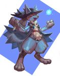  absurdres blue_background blue_cape blue_headwear cape energy hat highres lucario open_mouth pokemon red_eyes shaded_face simple_background smile standing tapioka_chaso two-tone_background white_background 