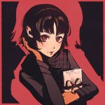  1girl adjusting_hair black_coat brown_hair cthulhu_mythos looking_at_viewer moshimoshibe niijima_makoto persona persona_5 plaid plaid_scarf red_eyes scarf short_hair smile solo upper_body 