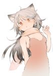  1girl absurdres ahoge animal_ears bare_arms bare_shoulders blush breasts brown_dress brown_eyes brown_scarf commentary_request dress grey_hair hand_up highres long_hair looking_at_viewer original parted_lips scarf sha2mo simple_background sleeveless sleeveless_dress small_breasts solo very_long_hair white_background 