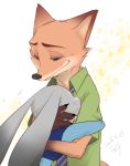  2016 anthro brown_body brown_fur canid canine cheek_tuft clothed clothing disney duo facial_tuft fox fur grey_body grey_fur hug judy_hopps lagomorph leporid mammal necktie nick_wilde rabbit red_fox sagara_shino shirt simple_background smile topwear tuft zootopia 