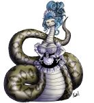  2020 anaconda apron blue_hair boa_(snake) boa_sandersonia boinae breasts cleavage clothed clothing dress female gloves hair handwear lamia long_hair maid_uniform nipples non-mammal_breasts one_piece reptile scalie serpentine simple_background snake solo tongue tongue_out uniform unknown_artist white_background yellow_eyes 