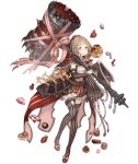  1girl belt blonde_hair bow cake candy capelet detached_sleeves eating food frills full_body hammer hood hooded_capelet ji_no little_red_riding_hood_(sinoalice) looking_at_viewer mary_janes official_art orange_eyes over_shoulder pastry ribbon shoes sinoalice solo striped striped_legwear thigh_strap thighhighs transparent_background weapon weapon_over_shoulder 