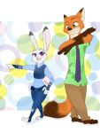  2019 3:4 anthro barefoot bottomwear canid canine clothed clothing disney fox fully_clothed fur green_eyes grey_body grey_fur judy_hopps lagomorph leporid mammal moromorowephi necktie nick_wilde open_mouth open_smile orange_body orange_fur pants purple_eyes rabbit red_fox shirt simple_background smile topwear zootopia 