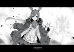  1girl amiya_(arknights) animal_ears arknights ascot bangs blue_eyes bunny_ears center_frills commentary copyright_name eyebrows_visible_through_hair frills highres hood hood_down hooded_jacket jacket jewelry letterboxed long_hair long_sleeves looking_at_viewer lulu-chan92 monochrome open_clothes open_jacket open_mouth plaid plaid_skirt pleated_skirt ponytail ring shirt sidelocks skirt solo spot_color thumb_ring v-shaped_eyebrows very_long_hair 
