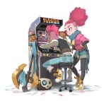  1boy 1girl arcade_cabinet axe battle_axe big_hair blazing_chrome blue_eyes blush_stickers converse full_body mohawk pink_hair planted_weapon playing_games ponytail promotional_art scarf shoes sneakers stool undercut video_game weapon xavier_houssin 