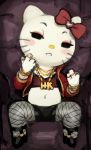  bow bracelet chair clothing crookedtrees domestic_cat felid feline felis female footwear furniture hello_kitty high_heels jacket jewelry legwear looking_at_viewer mammal midriff navel necklace ring sanrio shoes sitting solo spread_legs spreading stockings topwear 