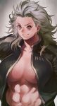  1girl abs absurdres breasts collarbone cross cross_earrings densen_(itoguchi) dorohedoro ear_piercing earrings forehead grey_hair hands_in_pockets highres jacket jewelry large_breasts looking_at_viewer medium_hair messy_hair muscle muscular_female navel no_bra noi_(dorohedoro) open_clothes open_jacket piercing red_eyes smile solo stomach unzipped upper_body veins veiny_breasts 