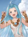  1girl ahoge armlet blue_eyes blue_hair blue_sky breasts bridal_gauntlets cloud collar collarbone dress dutch_angle floating_hair granblue_fantasy hair_intakes long_hair looking_at_viewer lyria_(granblue_fantasy) open_mouth renyu1012 shiny shiny_hair sky sleeveless sleeveless_dress small_breasts solo upper_body very_long_hair white_dress 