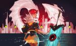  1girl absurdres cityscape closed_eyes commentary cyberpunk english_commentary feather_collar glowing glowing_sword glowing_weapon highres huge_weapon joy_lan lips lipstick makeup nose planted_sword planted_weapon red_(transistor) red_hair short_hair sword the_transistor transistor_(game) weapon 