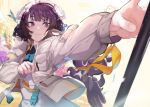  1girl akieda apron fate/grand_order fate_(series) gloves gloves_removed heroic_spirit_festival_outfit jacket katsushika_hokusai_(fate/grand_order) octopus pocket purple_hair smile tokitarou_(fate/grand_order) 