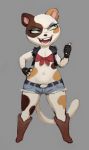  anthro boots bottomwear clothing crookedtrees domestic_cat felid feline felis female fingerless_gloves flat_chested footwear gesture gloves handwear jacket jeans mammal midriff missing_tooth navel open_mouth pants shorts solo standing topwear 