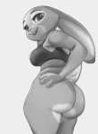  2020 big_butt black_and_white bottomless bra breasts buckteeth butt clothed clothing daserfomalhaut disney eyelashes female greyscale hands_on_hips judy_hopps lagomorph leporid long_ears looking_at_viewer looking_back low-angle_view mammal monochrome mostly_nude open_mouth presenting presenting_hindquarters rabbit rear_view short_tail side_boob smile solo sports_bra teeth thick_thighs underwear wide_hips zootopia 