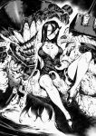  1girl bacius bangs battleship_hime breasts choker closed_mouth dress greyscale hair_between_eyes highres holding horns kantai_collection large_breasts long_hair monochrome oni oni_horns shinkaisei-kan sitting solo teeth thigh_strap 