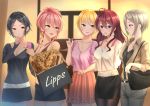  5girls :d =d arms_up bag bangs belt black_eyes black_hair black_legwear black_skirt blonde_hair blue_eyes blush breasts cellphone cleavage collarbone earrings floral_print green_eyes grey_hair grey_pants hand_on_own_chin handbag hayami_kanade high_ponytail highres holding holding_cellphone holding_phone ichinose_shiki idolmaster idolmaster_cinderella_girls jacket jewelry jougasaki_mika lavender_shirt lipps_(idolmaster) long_sleeves medium_breasts miniskirt miyamoto_frederica multiple_girls nail_polish navy_blue_shirt necklace off-shoulder_shirt off_shoulder open_clothes open_jacket open_mouth pants pantyhose parted_bangs phone pink_hair pink_skirt pleated_skirt red_hair shiomi_shuuko shirt shogun_(a96040021) shopping_bag short_hair short_sleeves sidelocks skirt sleeves_rolled_up smile white_shirt yellow_eyes 