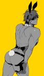  1boy animal_ears ass bunny_boy bunny_ears bunny_tail bunnysuit from_behind jockstrap looking_at_viewer male_focus male_underwear saida_nika shokudaikiri_mitsutada simple_background smile solo tail touken_ranbu underwear waistcoat wrist_cuffs yellow_background yellow_eyes 