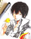  1boy animal animal_on_hand armband bangs bird_on_finger black_hair black_jacket collarbone collared_shirt copyright_request cropped_torso dress_shirt grey_eyes hair_between_eyes hand_up hibari_kyouya highres jacket katekyo_hitman_reborn! looking_at_viewer male_focus open_clothes open_jacket parted_lips photo shirt sofra solo traditional_media twitter_username upper_body white_shirt 