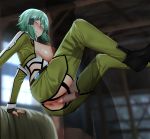  1boy 1girl anus aqua_hair asada_shino ass blush breasts censored chaps closed_eyes cropped_jacket ginhaha glaring green_jacket hair_ornament hairclip hetero highres jacket medium_breasts nipples penis pussy sex shiny shiny_hair shiny_skin short_hair sinon solo_focus sword_art_online vaginal 