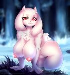  2020 anthro big_breasts boss_monster bovid breasts caprine female fur hi_res horn longdanger looking_at_viewer mammal nipples nude red_eyes smile solo toriel undertale video_games water white_body white_fur 