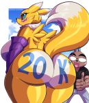  20k absurd_res anthro big_breasts big_butt blush body_writing breasts butt clothed clothing curvy_figure digimon digimon_(species) eyewear female fully_clothed gesture glasses hi_res huge_butt looking_at_viewer looking_back male milestone mostly_nude rear_view renamon side_boob thick_thighs thumbs_up toto_draw voluptuous 