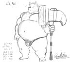  2020 anthro belly blush bulge canid canine canis clothing deadanthro domestic_dog english_text hi_res humanoid_hands male mammal monochrome moobs navel nordic_sled_dog overweight overweight_male samoyed simple_background solo spitz text underwear weapon 