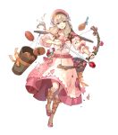  1girl arrow bangs belt bow_(weapon) braid brown_eyes brown_legwear collarbone dress eyebrows_visible_through_hair faye_(fire_emblem) fire_emblem fire_emblem_echoes:_shadows_of_valentia fire_emblem_heroes floral_print food full_body hat highres holding holding_bow_(weapon) holding_weapon leg_up light_brown_hair long_dress long_hair meat official_art open_mouth pink_dress puffy_short_sleeves puffy_sleeves quiver shiny shiny_hair shoes short_sleeves socks solo tied_hair tobi_(kotetsu) torn_clothes transparent_background twin_braids twintails weapon 