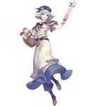  1girl bangs basket belt blue_eyes blue_hair bouquet bow bowtie breasts dress fire_emblem fire_emblem_echoes:_shadows_of_valentia fire_emblem_heroes flower full_body hakou_(barasensou) highres holding layered_dress long_dress looking_away medium_breasts official_art open_mouth purple_legwear shiny shiny_hair shoes short_hair short_sleeves silque_(fire_emblem) smile solo striped transparent_background vertical_stripes 