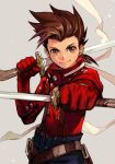  1boy brown_eyes brown_hair closed_mouth hankuri lloyd_irving looking_at_viewer red_shirt shirt simple_background smile solo sword tales_of_(series) tales_of_symphonia weapon 