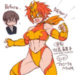 0721kin29n 1girl abs before_and_after brown_hair character_name fighting_stance glasses lowres mask muscle muscular_female navel orange_hair original red_eyes simple_background thighhighs thighs wrestler wrestling_mask wrestling_outfit 