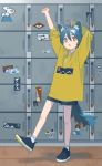  1girl :o animal_ear_fluff animal_ears antenna_hair arm_behind_head arms_up bangs black_footwear black_shorts blue_hair bright_pupils cat_ears cat_girl cat_tail clenched_hands dark_blue_hair dot_nose eyebrows floor from_side full_body hair_between_eyes highres indoors locker locker_room long_hair long_sleeves looking_at_viewer niwabuki open_mouth orange_eyes original print_shirt ruka_(niwabuki) shirt shoe_soles shoes shorts signature sneakers socks solo sticker stretch tail tareme tile_floor tiles walking white_legwear white_pupils yellow_shirt 