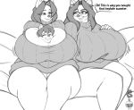  absurd_res anthro between_breasts big_breasts breasts canid canine canis cleavage clothed clothing dialogue domestic_dog english_text female group hi_res huge_breasts larger_female male male/female mammal monochrome size_difference smaller_male superia superix sweater text topwear 