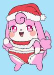  2018 chibi christmas clothed clothing cocotama digital_media_(artwork) featureless_limbs female hat headgear headwear hi_res himitsu_no_cocotama holidays melory multicolored_body open_mouth pink_body pink_eyes pyritie santa_hat semi-anthro solo tan_body two_tone_body 