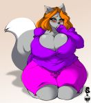  absurd_res anthro big_breasts blush breasts canid canine cleavage clothed clothing dipstick_tail female hi_res huge_breasts kneeling mammal multicolored_tail shadow solo superix thick_thighs 