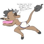  1:1 2020 ambiguous_gender anthro big_tail bottomwear bovid bovine cattle clothed clothing digital_media_(artwork) english_text fur hair hi_res horn mammal manitka manitka_(character) open_mouth simple_background solo solo_focus text topless underwear white_background young 