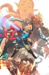  3boys 3girls absurdres beak beard blonde_hair boots bow_(weapon) bracelet clenched_hand clenched_teeth closed_eyes commentary dark_skin daruk facial_hair gerudo goron head_fins highres jewelry korean_commentary link master_sword mipha multiple_boys multiple_girls muscle parted_lips pointy_ears polearm princess_zelda punching quiver red_hair red_skin revali rito scabbard sheath sheikah_slate shield sword teeth the_legend_of_zelda the_legend_of_zelda:_breath_of_the_wild tiara urbosa wan_young_yun weapon wings zora 