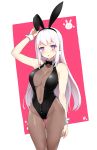  1girl :o animal_ears arm_up armpits ass_visible_through_thighs bare_shoulders black_bow black_hairband black_leotard black_neckwear bow breasts bunny_ears center_opening cleavage covered_navel cowboy_shot earmuffs fake_animal_ears groin hairband highres juke large_breasts leotard looking_at_viewer original parted_lips pom_pom_earrings purple_eyes sidelocks thigh_gap two-tone_background white_hair 