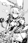  1girl bouquet breasts cleavage closed_mouth dress elphelt_valentine flower guilty_gear guilty_gear_xrd hankuri hat looking_at_viewer monochrome short_hair simple_background smile solo spikes 