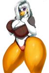  anatid anseriform anthro avian beak big_breasts bird bra breasts cleavage clothed clothing duck duckface ear_piercing ear_ring eyeshadow feathers female hair hand_on_breast hi_res huge_breasts looking_at_viewer makeup mascara nemesisprime909 panties piercing simple_background thick_thighs underwear white_background white_body white_feathers white_hair wide_hips 