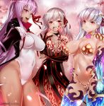  3girls armlet armor bangs bare_shoulders bb_(fate)_(all) bb_(fate/extra_ccc) bikini_armor black_coat black_dress blood blood_on_face blush body_markings bracelet breasts cherry_blossoms cleavage closed_mouth collar corruption covered_navel dark_persona dark_sakura dress earrings fate/extra fate/extra_ccc fate/grand_order fate/stay_night fate_(series) flower gloves hair_ribbon hand_on_own_chest heaven&#039;s_feel highleg highleg_leotard highres holding jewelry kama_(fate/grand_order) large_breasts leotard long_hair long_sleeves looking_at_viewer lotus matou_sakura metal_collar multiple_girls navel neck_ribbon open_mouth parted_lips petals purple_hair red_ribbon ribbon silver_hair sleeveless sleeveless_dress smile sparkle tan thighlet thighs very_long_hair white_gloves white_hair white_leotard zasshu 