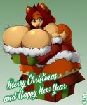  absurd_res anthro big_breasts box breasts canid canine canis christmas cleavage clothed clothing domestic_dog female gift hi_res holidays huge_breasts looking_at_viewer mammal superix text thick_thighs 