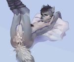  2017 anthro balls blue_background blue_nose bodily_fluids canid canine canis coyote cum digital_media_(artwork) fox fur genital_fluids genitals grey_body grey_fur hybrid lying male mammal miloff on_back pillow simple_background solo 