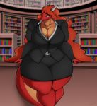  absurd_res anthro bedroom_eyes big_breasts book bottomwear breasts cleavage clothed clothing dragon female hi_res huge_breasts looking_at_viewer narrowed_eyes red_body red_skin seductive skirt superix thick_thighs wide_hips 
