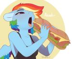  2020 5_fingers anthro breasts cleavage clothed clothing digital_media_(artwork) equid equine evehly facial_piercing feathered_wings feathers female fingers food friendship_is_magic hair holding_food holding_object mammal multicolored_hair my_little_pony open_mouth piercing pterippus rainbow_dash_(mlp) rainbow_hair sandwich_(food) signature solo submarine_sandwich text tongue tongue_piercing wings 