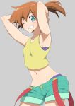  1girl armpits arms_behind_head arms_up blue_eyes blush breasts contrapposto cowboy_shot grey_background grin kasumi_(pokemon) looking_at_viewer midriff navel one_eye_closed one_side_up orange_hair pokemon pokemon_(anime) pokemon_(classic_anime) salpin shirt short_shorts shorts simple_background sleeveless sleeveless_shirt small_breasts smile solo suspenders_hanging 