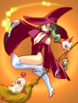  1girl blue_eyes blush boots breasts closed_mouth earrings final_fantasy final_fantasy_vi green_hair halloween jewelry long_hair looking_at_viewer moogle ponytail quot ring simple_background smile thigh_boots thighhighs tina_branford 