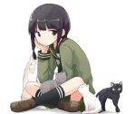  1girl animal bangs black_eyes black_hair black_legwear black_neckwear brown_footwear cat chin_rest crossed_legs eyebrows_visible_through_hair green_serafuku kakizaki_(chou_neji) kantai_collection kitakami_(kantai_collection) kneehighs long_hair long_sleeves sailor_collar school_uniform serafuku shadow sidelocks simple_background sitting white_background 